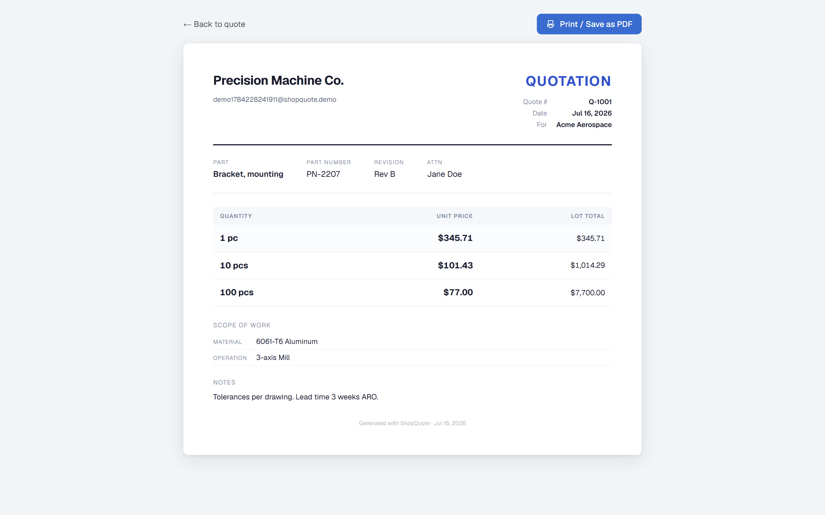 A finished ShopQuote quotation PDF: shop letterhead, quote number, price-break table, and scope of work.